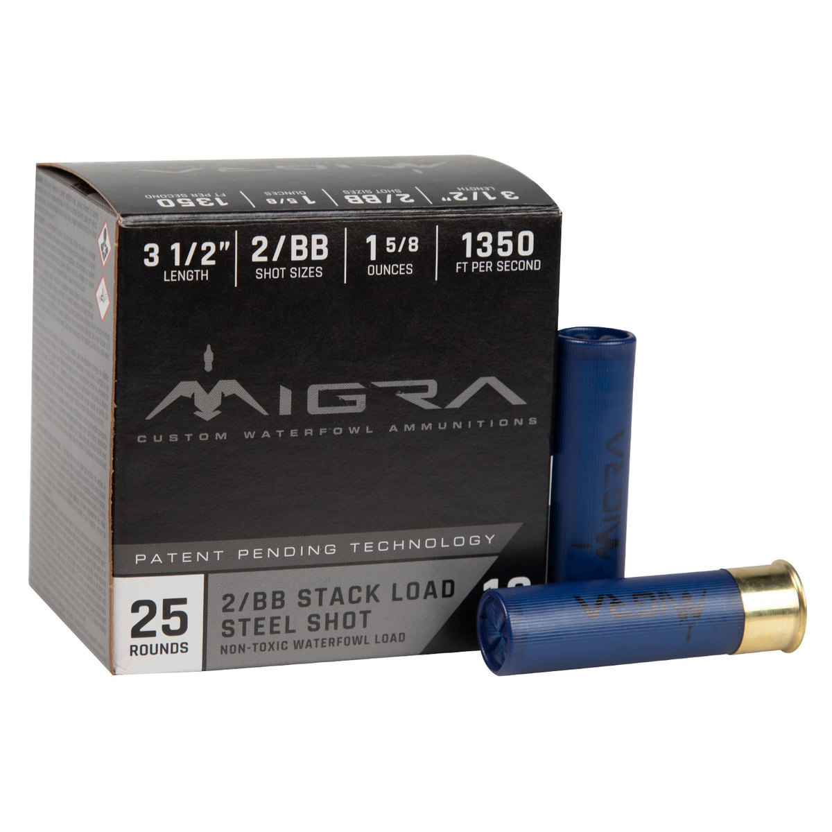 Migra Steel Shot 12 Gauge 3-1/2in #2/BB 1-5/8oz Waterfowl Shotshells - 25 Rounds Migra Steel Shot 12 Gauge 3-1/2in #2/BB 1-5/8oz Waterfowl Shotshells - 25 Rounds