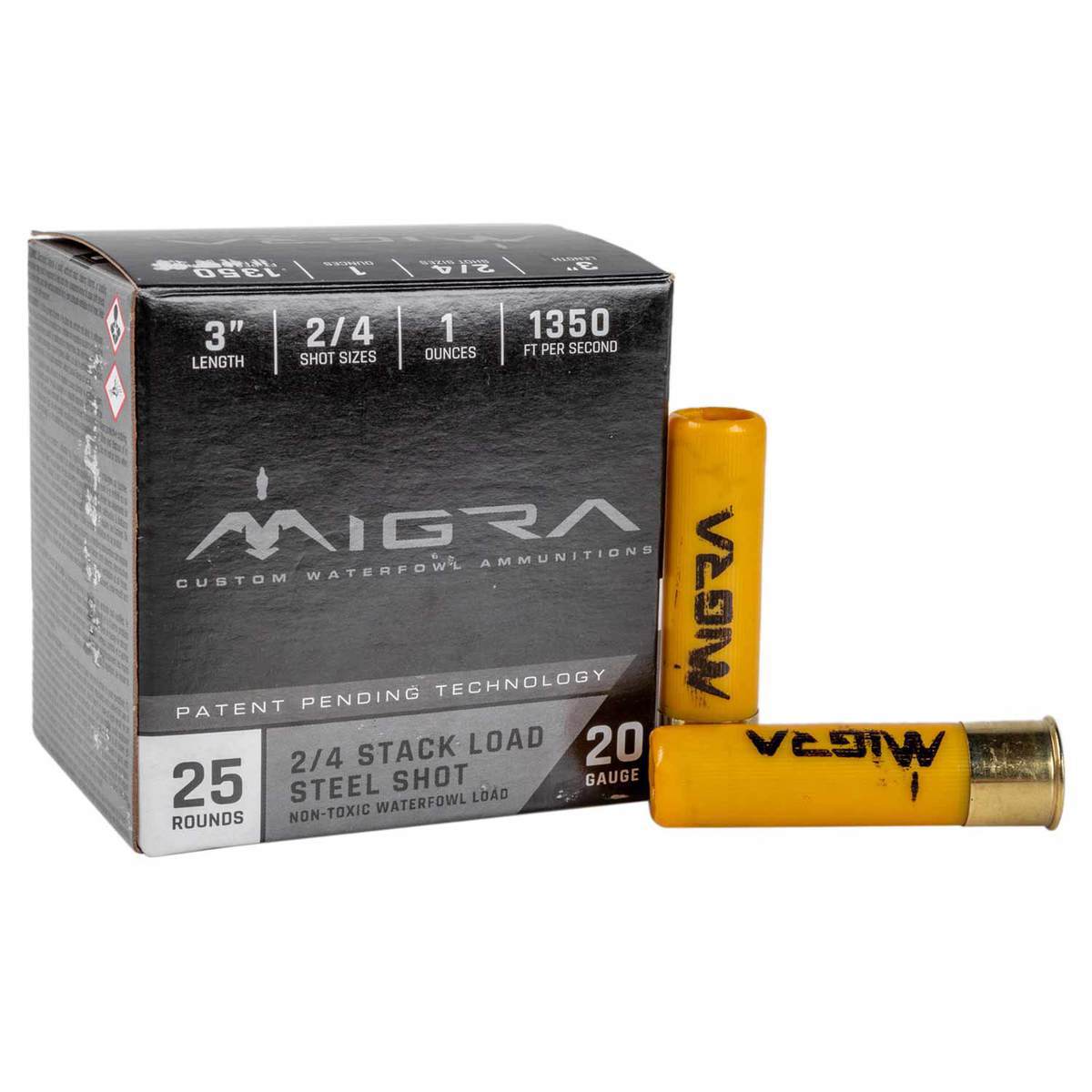 Migra Steel Shot 20 Gauge 3in #2/4 1oz Waterfowl Shotshells - 25 Rounds Migra Steel Shot 20 Gauge 3in #2/4 1oz Waterfowl Shotshells - 25 Rounds