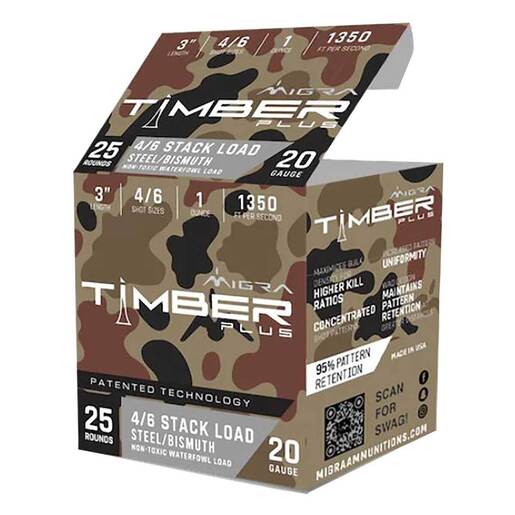 Migra Timber Plus 20 Gauge 3in #4,6 1oz Waterfowl Shotshells – 25 Rounds – #4,6
