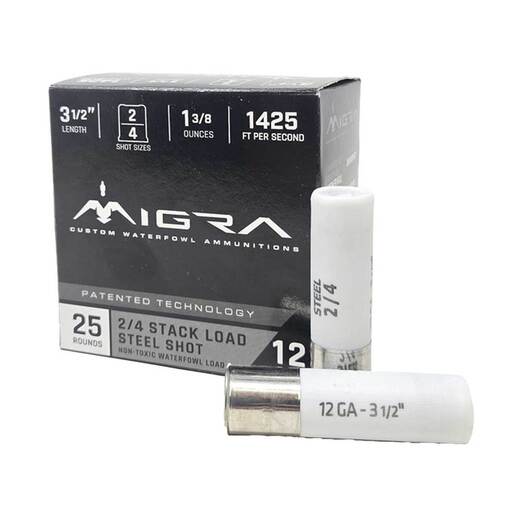 Migra Waterfowl 12 Gauge 3-1/2in #2/4 1-3/8oz Shotshells Ammo - 25 Rounds Ammo - 2/4 25 Rounds - 2/4 Ammo