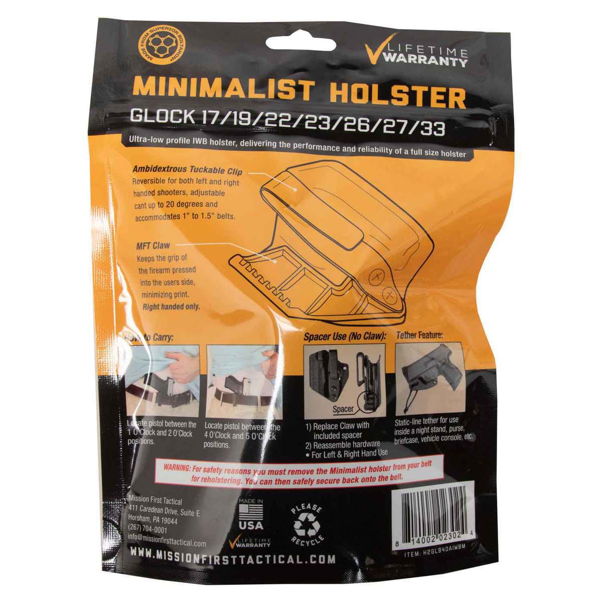 Mission First Tactical Minimalist Boltaron Glock 17/19/22/23/26/47 IWB Holster - Black - Black Mission First Tactical Minimalist Boltaron Glock 17/19/22/23/26/47 IWB Holster - Black - Black