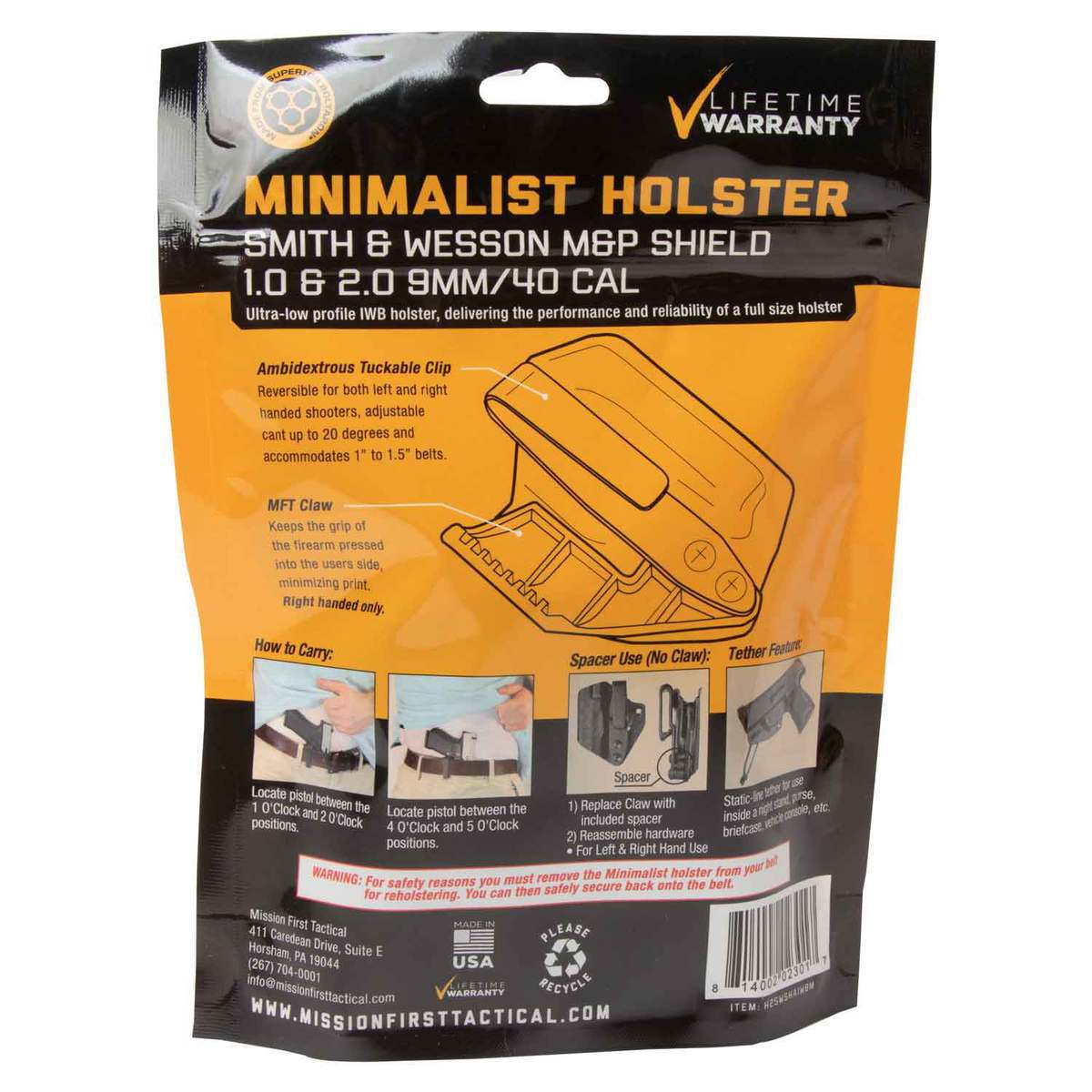 Mission First Tactical Minimalist Smith & Wesson M&P Shield 1.0 9mm/40Cal Inside the Waistband Ambidextrous Holster - Black Mission First Tactical Minimalist Smith & Wesson M&P Shield 1.0 9mm/40Cal Inside the Waistband Ambidextrous Holster - Black