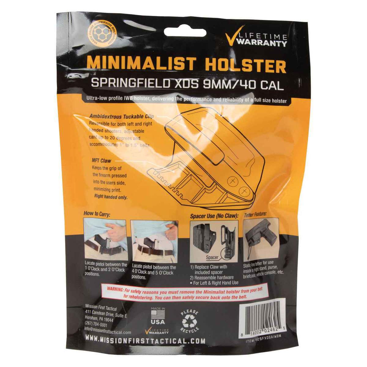 Mission First Tactical Minimalist Springfield Armory XDS 9mm/40Cal Inside the Waistband Ambidextrous Holster - Black Mission First Tactical Minimalist Springfield Armory XDS 9mm/40Cal Inside the Waistband Ambidextrous Holster - Black