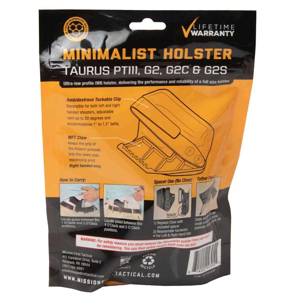 Mission First Tactical Minimalist Taurus PT111 Inside the Waistband Ambidextrous Holster - Black Mission First Tactical Minimalist Taurus PT111 Inside the Waistband Ambidextrous Holster - Black