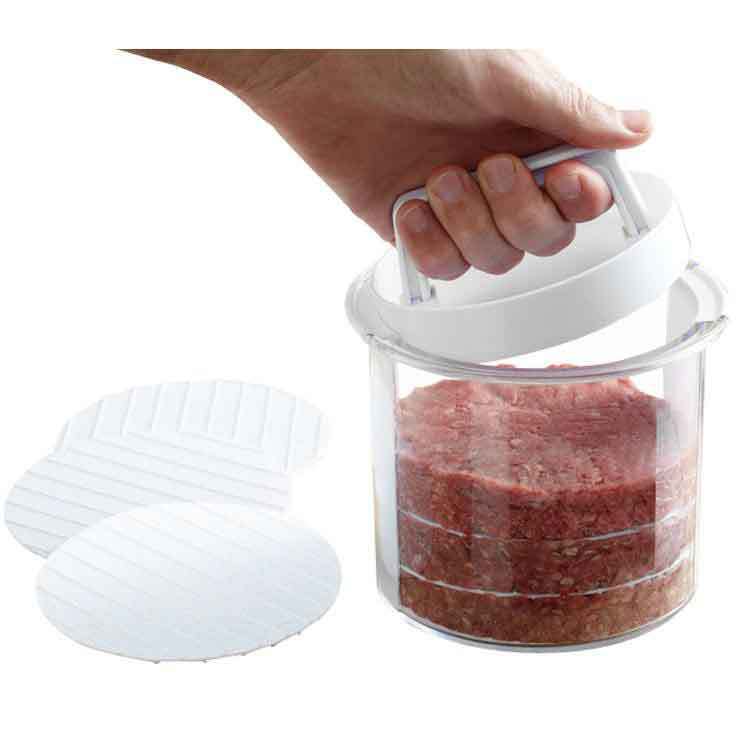 Using burger press to shape ground meat into round patties