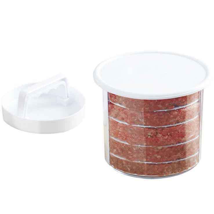 Multiple hamburger patties stacked with separator discs in storage container
