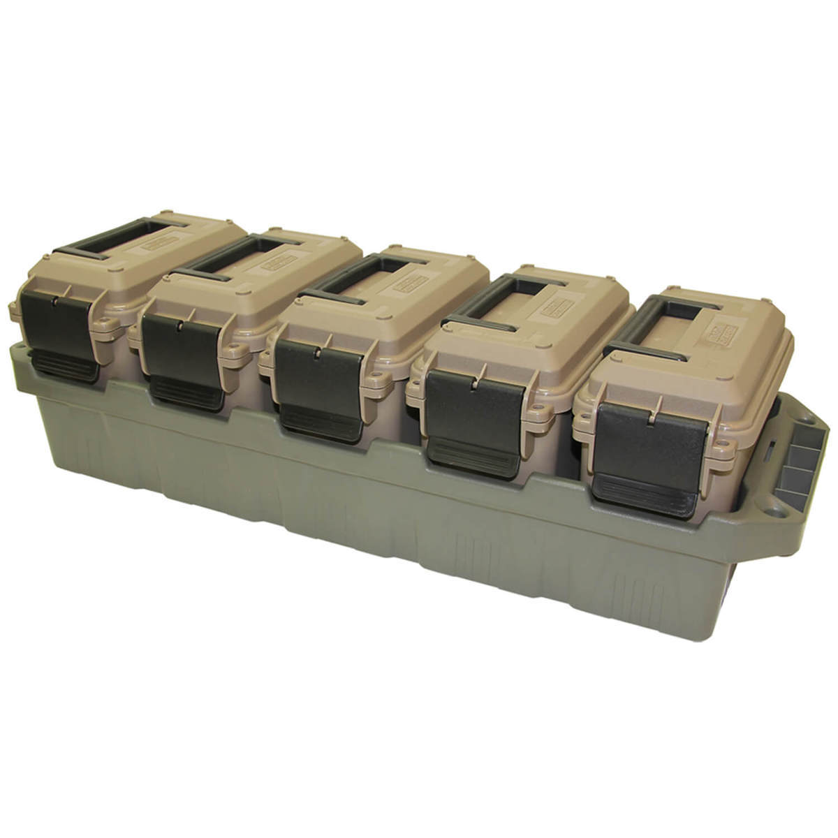 MTM 5-Can Mini Ammo Crate - Brown/Black - Brown/Black 24.6in x 8.3in x 7in MTM 5-Can Mini Ammo Crate - Brown/Black - Brown/Black 24.6in x 8.3in x 7in