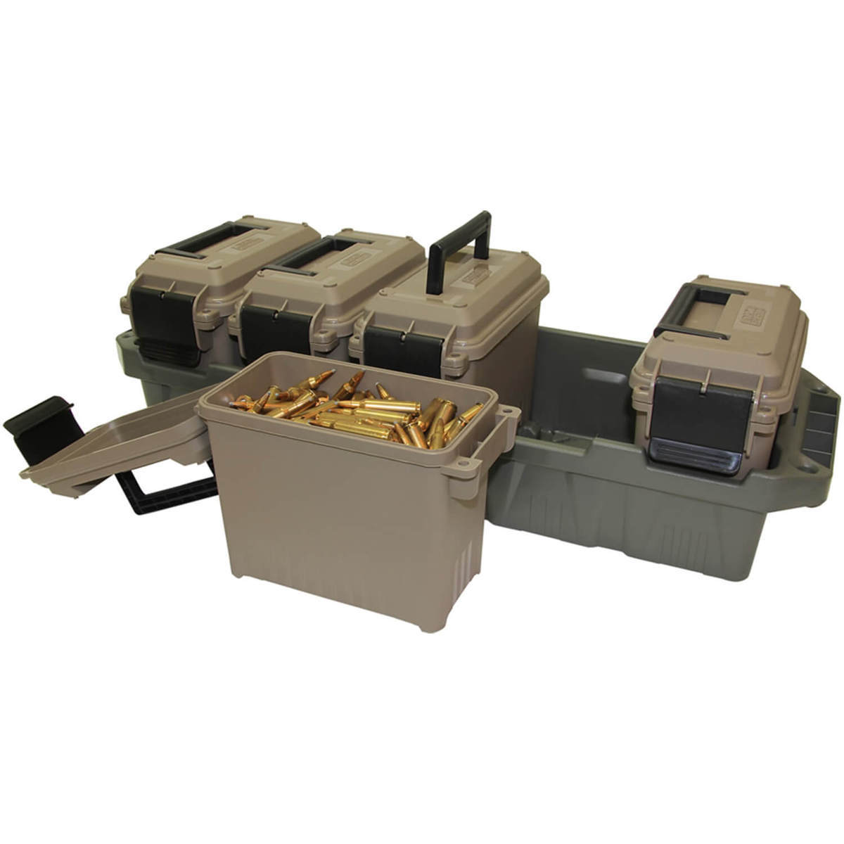 MTM 5-Can Mini Ammo Crate - Brown/Black - Brown/Black 24.6in x 8.3in x 7in MTM 5-Can Mini Ammo Crate - Brown/Black - Brown/Black 24.6in x 8.3in x 7in