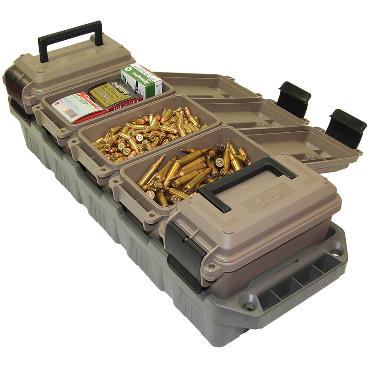 MTM 5-Can Mini Ammo Crate - Brown/Black - Brown/Black 24.6in x 8.3in x 7in MTM 5-Can Mini Ammo Crate - Brown/Black - Brown/Black 24.6in x 8.3in x 7in