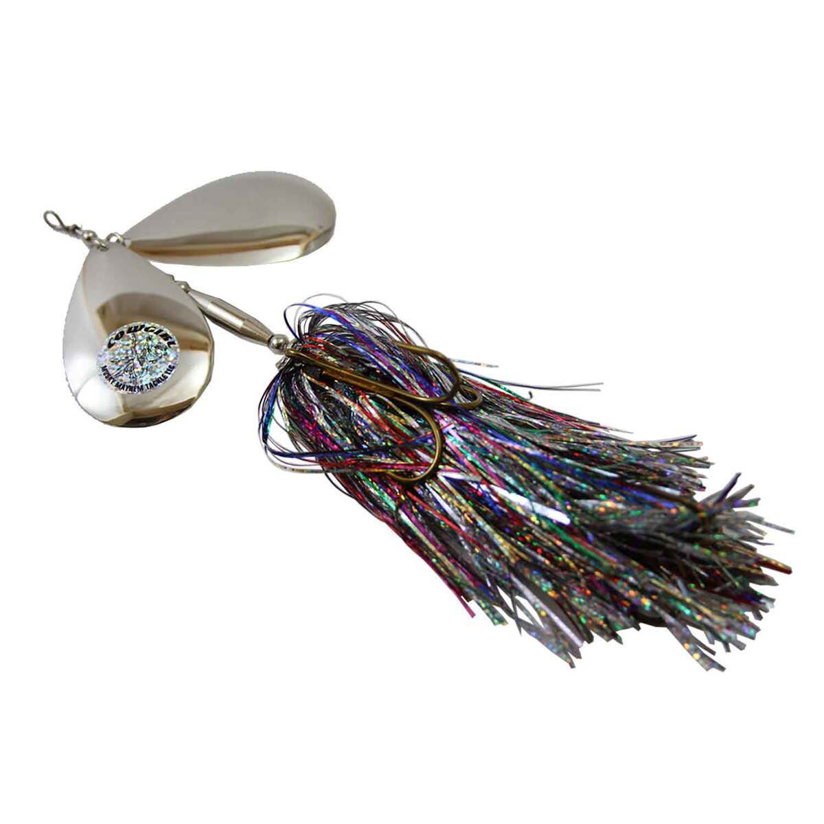 cowgirl fishing lure musky Mayhem tie on the Musky Mayhem Tackle Micro Double Cowgirl Spinner and hang on Musky Mayhem Double Cowgirl Gold/Orange