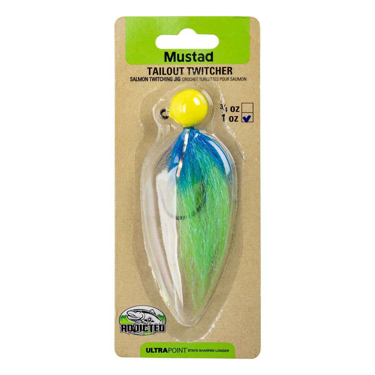Mustad Addicted Tailout Twitcher Jig Steelhead/Salmon Jig - Chartreuse/Blue/Green, 1oz - Chartreuse/Blue/Green Mustad Addicted Tailout Twitcher Jig Steelhead/Salmon Jig - Chartreuse/Blue/Green, 1oz - Chartreuse/Blue/Green