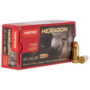 Norma Hexagon 9mm Luger 124gr JHP Handgun Ammo - 50 Rounds