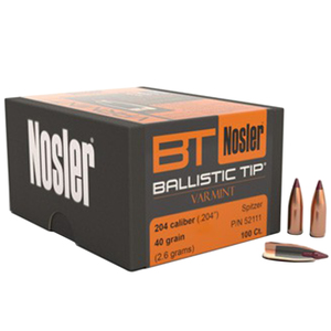 Nosler Ballistic Tip Varmint 20 Caliber/204 Polymer Tip Spitzer BT 40gr Reloading Bullets - 100 Count
