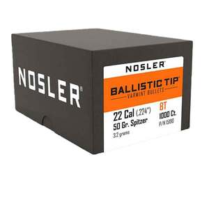 Nosler Ballistic Tip Varmint 22 Caliber 50gr Spitzer Point Reloading Bullets - 1000 Rounds