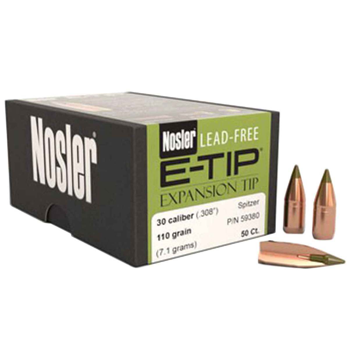 Nosler Lead Free 30 Caliber/ .308 E-Tip 110gr Reloading Bullets - 50 Count Nosler Lead Free 30 Caliber/ .308 E-Tip 110gr Reloading Bullets - 50 Count