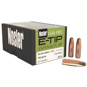 Nosler Lead Free 30 Caliber/.308 Round Nose E-Tip 150gr Reloading Bullets - 50 Count