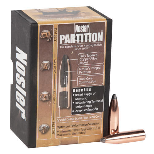 Nosler Partition 338 Caliber Spitzer 250gr Reloading Bullets - 50 Count Nosler Partition 338 Caliber Spitzer 250gr Reloading Bullets - 50 Count