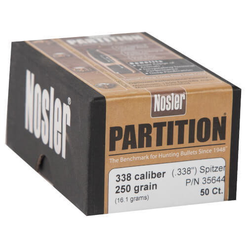 Nosler Partition 338 Caliber Spitzer 250gr Reloading Bullets - 50 Count Nosler Partition 338 Caliber Spitzer 250gr Reloading Bullets - 50 Count