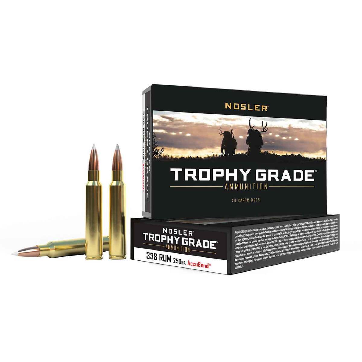 Nosler Trophy Grade 338 Remington Ultra Magnum 250gr Accubond Rifle Ammo - 20 Rounds Nosler Trophy Grade 338 Remington Ultra Magnum 250gr Accubond Rifle Ammo - 20 Rounds