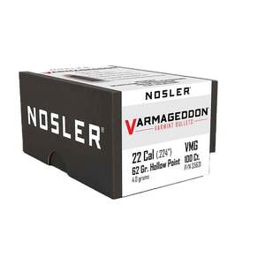Nosler Varmageddon 22 Caliber 62gr Hollow Point Reloading Bullets - 100 Rounds