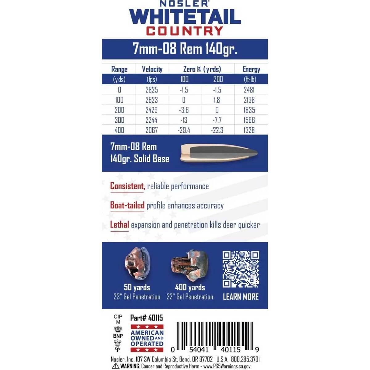 Solid Base Bullets Nosler Whitetail Country 7mm-08 Remington 140gr Solid Base Rifle Ammo ...