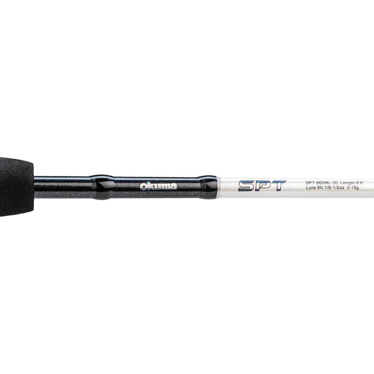 Okuma A-Tac Spinning Rod and Reel Combo - 6ft 6in, Medium Light, 2pc - Black Grey White Silver Blue Okuma A-Tac Spinning Rod and Reel Combo - 6ft 6in, Medium Light, 2pc - Black Grey White Silver Blue