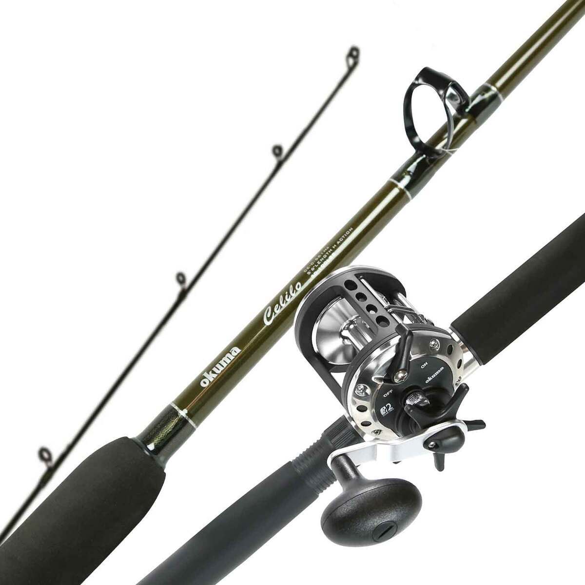 Okuma Celilo Specialty Halibut Trolling Rod and Reel Combo - 5ft 6in, Heavy Power, 1pc - Olive Black Silver Okuma Celilo Specialty Halibut Trolling Rod and Reel Combo - 5ft 6in, Heavy Power, 1pc - Olive Black Silver