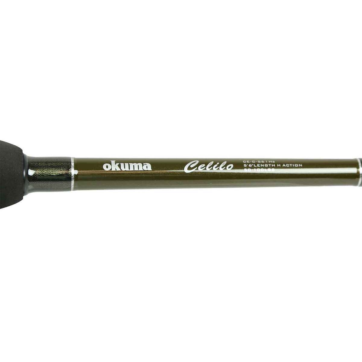 Okuma Celilo Specialty Halibut Trolling Rod and Reel Combo - 5ft 6in, Heavy Power, 1pc - Olive Black Silver Okuma Celilo Specialty Halibut Trolling Rod and Reel Combo - 5ft 6in, Heavy Power, 1pc - Olive Black Silver