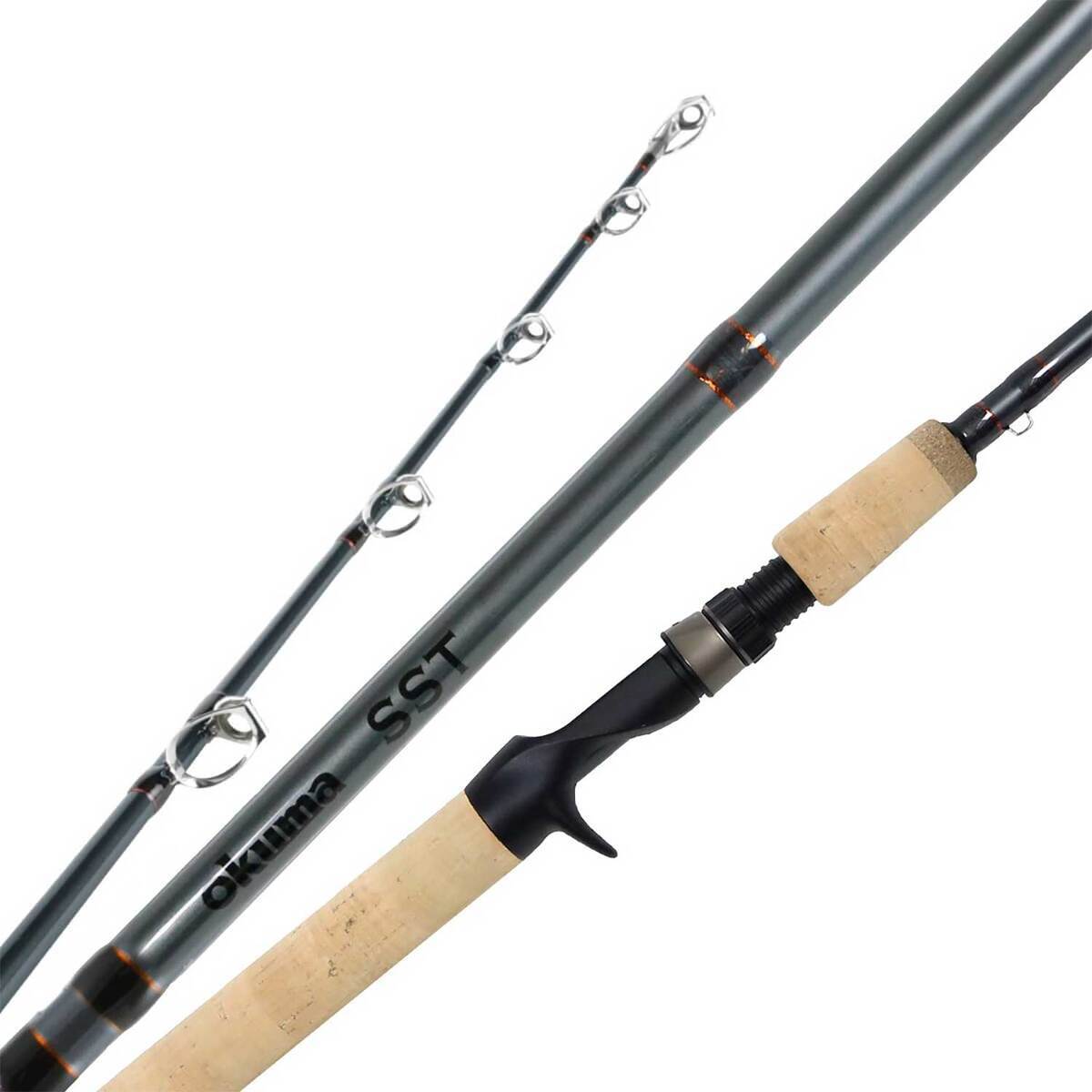 okuma evx musky telescopic fishing rod 8'6" Extra Heavy 8 graphite blank construction Alps stainless steel guide frames with Zirconium guide inserts for braided line UFR technology increases rod tip lifting power by 3 times Double foot deep press stainless steel Sea guide frames Premium Fuji reel seat Okuma vex musky telescope one Reel Seat Okuma Evx Rod