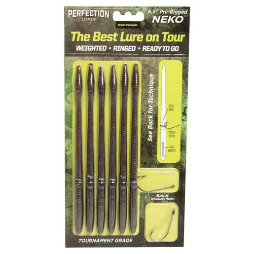 Perfection Lures Pre-rigged Neko Straight Tail Worm – 6.5in – Green Pumpkin 1