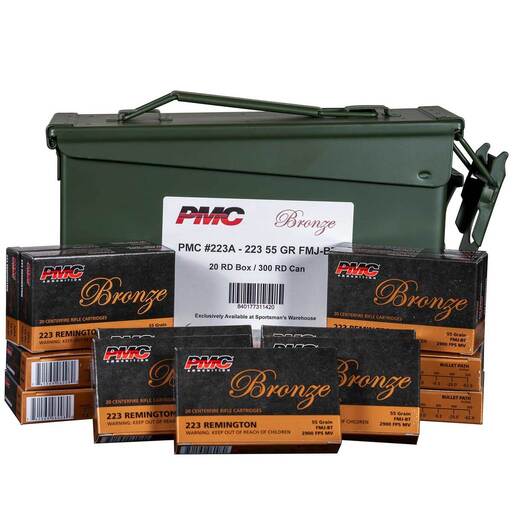 PMC Bronze 223 Remington 55gr FMJBT Sportsman’s Exclusive Rifle Ammo Can Combo – 300 Rounds
