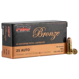 PMC Bronze 25 Auto 50gr FMJ Handgun Ammo - 50 Rounds