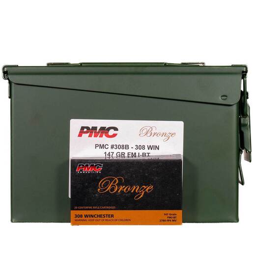 PMC Bronze 308 Winchester 147gr FMJ BT Sportsman’s Exclusive Rifle Ammo Can Combo – 260 Rounds
