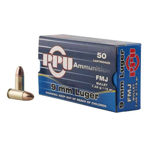 PPU Handgun 9mm Luger 115gr FMJ Handgun Ammo Ammo - 50 Rounds 50 Rounds Ammo