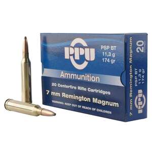 PPU Standard Rifle 7mm Remington Magnum 174gr PSP BT Rifle Ammo - 20 ...