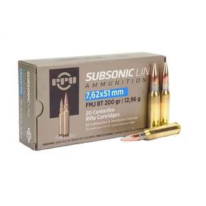 PPU Subsonic 7.62mm NATO 200gr FMJBT Rifle Ammo - 20 Rounds