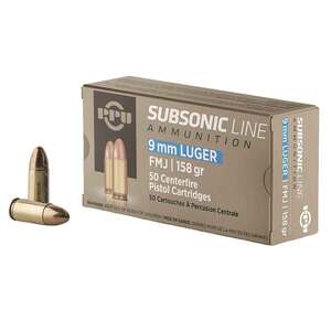PPU Subsonic 9mm Luger 158gr FMJ Handgun Ammo - 50 Rounds