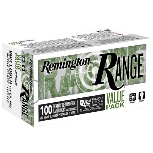 Remington Range 9mm Luger 115gr Full Metal Jacket Handgun Ammo Ammo - 100 Rounds 100 Rounds Ammo