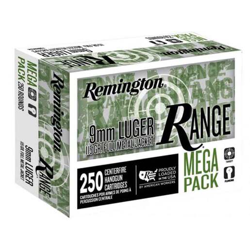 Remington Range 9mm Luger 115gr Full Metal Jacket Handgun Ammo Ammo - 250 Rounds 250 Rounds Ammo