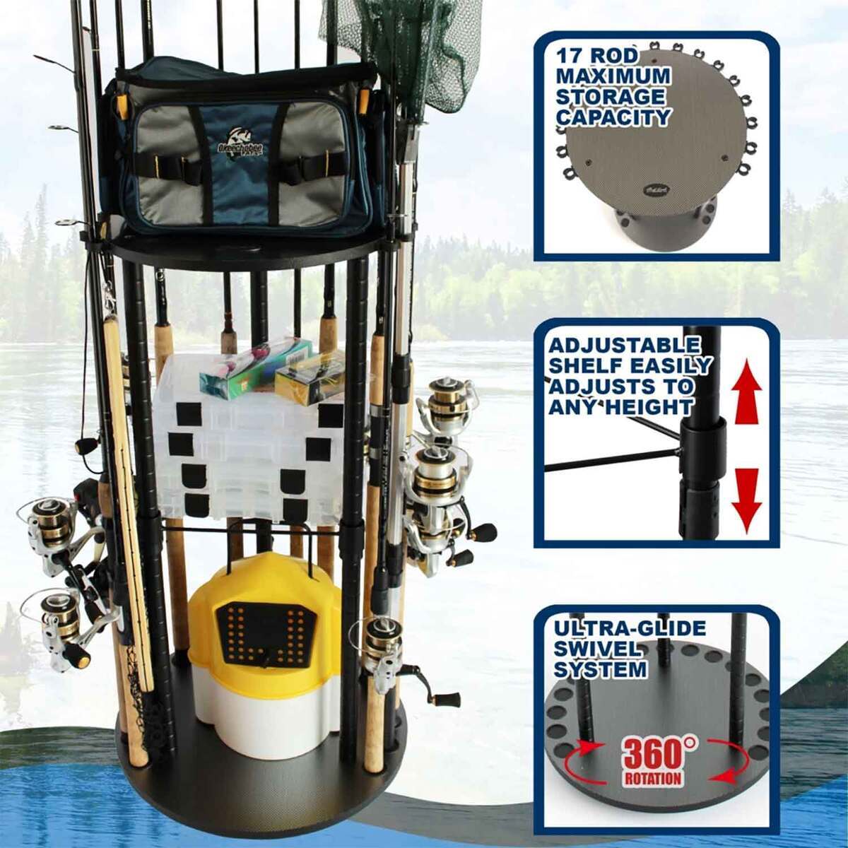 Rush Creek Creations Round Spinning 17 Rod Rack w/ Tackle Storage ...