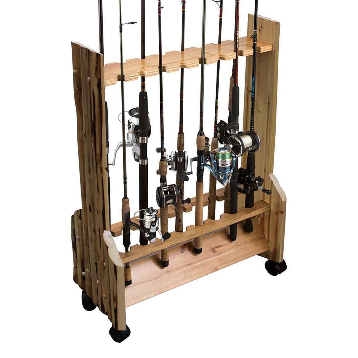 Rush Creek Creations Rustic Wood 16 Rod Double-Sided Rolling Rod Rack ...