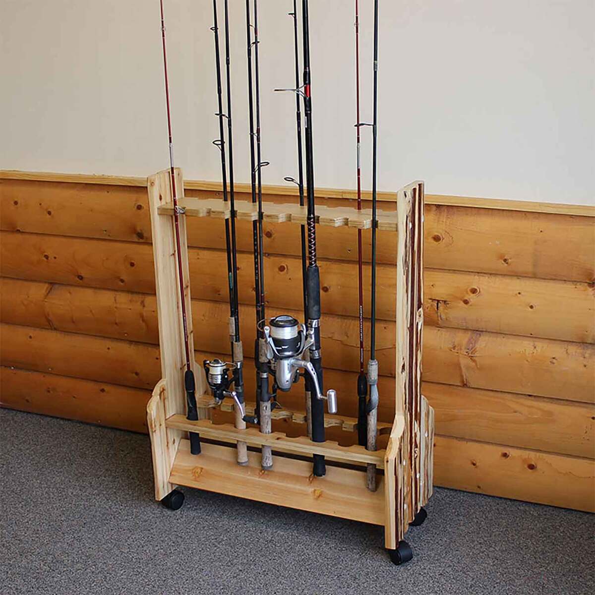 Rush Creek Creations Rustic Wood 16 Rod Double-Sided Rolling Rod Rack ...