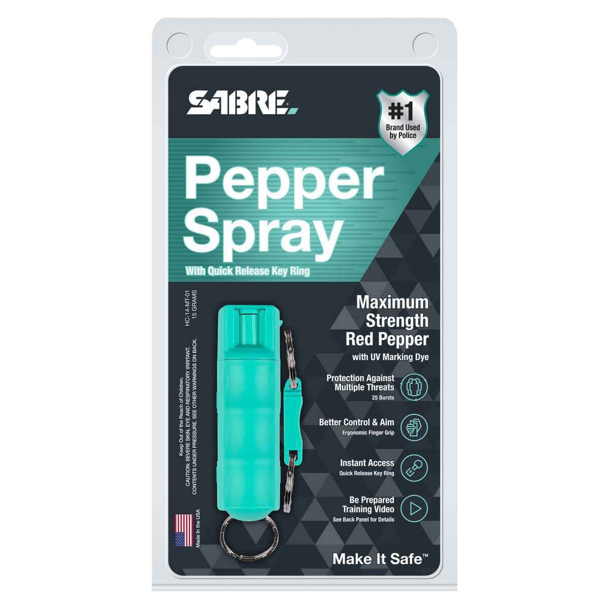 SABRE Pepper Spray with Quick Release Key Ring - 0.54oz - Mint Green 0.54oz SABRE Pepper Spray with Quick Release Key Ring - 0.54oz - Mint Green 0.54oz
