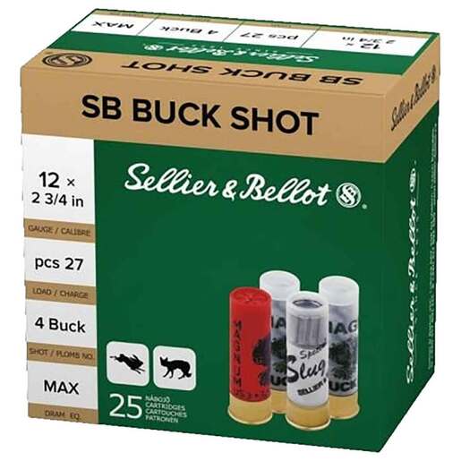 Sellier & Bellot 12 Gauge 2-3/4in #4 Buck 27 Pellets Buckshot Shotshells – 25 Rounds – #4 Buck