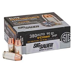Sig Sauer Elite Performance V-Crown 380 Auto (ACP) 90gr JHP Handgun Ammo - 20 Rounds