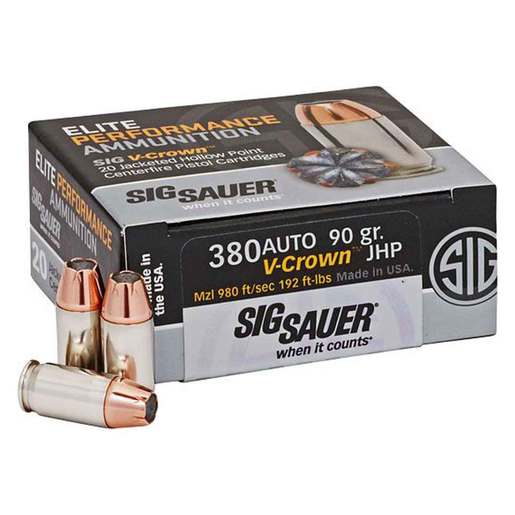 Sig Sauer Elite Performance V-Crown 380 Auto (ACP) 90gr JHP Handgun Ammo Ammo - 20 Rounds 20 Rounds Ammo