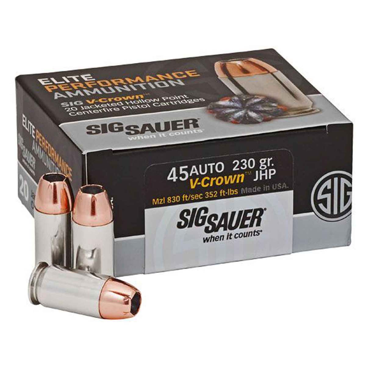 Sig Sauer Elite Performance V-Crown 45 Auto (ACP) 230gr JHP Centerfire Handgun Ammo - 20 Rounds Sig Sauer Elite Performance V-Crown 45 Auto (ACP) 230gr JHP Centerfire Handgun Ammo - 20 Rounds