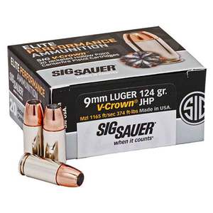 Sig Sauer Elite Performance V-Crown 9mm Luger 124gr JHP Handgun Ammo - 20 Rounds