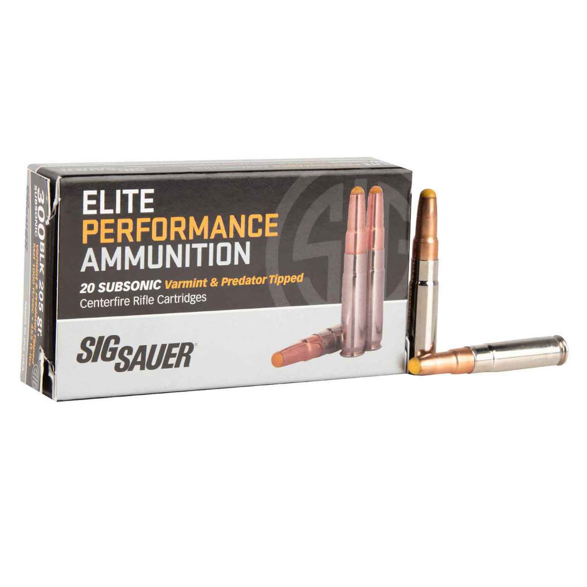 Sig Sauer Nickel-Plated Elite Hunter Tipped 300 AAC Blackout 205gr JHP Rifle Ammo - 20 Rounds Sig Sauer Nickel-Plated Elite Hunter Tipped 300 AAC Blackout 205gr JHP Rifle Ammo - 20 Rounds
