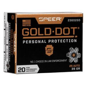 Speer Gold Dot 25 Auto 35gr HP Handgun Ammo - 20 Rounds Speer Gold Dot 25 Auto 35gr HP Handgun Ammo - 20 Rounds